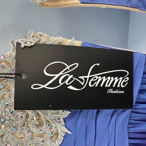La Femme Prom Dress SZ 6 Blue Violet Formal Gown Embellished Lace Top Sleeveless - Picture 12 of 15